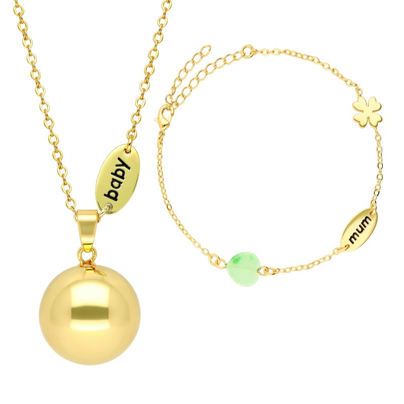 Produkt - Tehotenská rolnička s náramkom Nature stone beads and mum/baby charm in gold